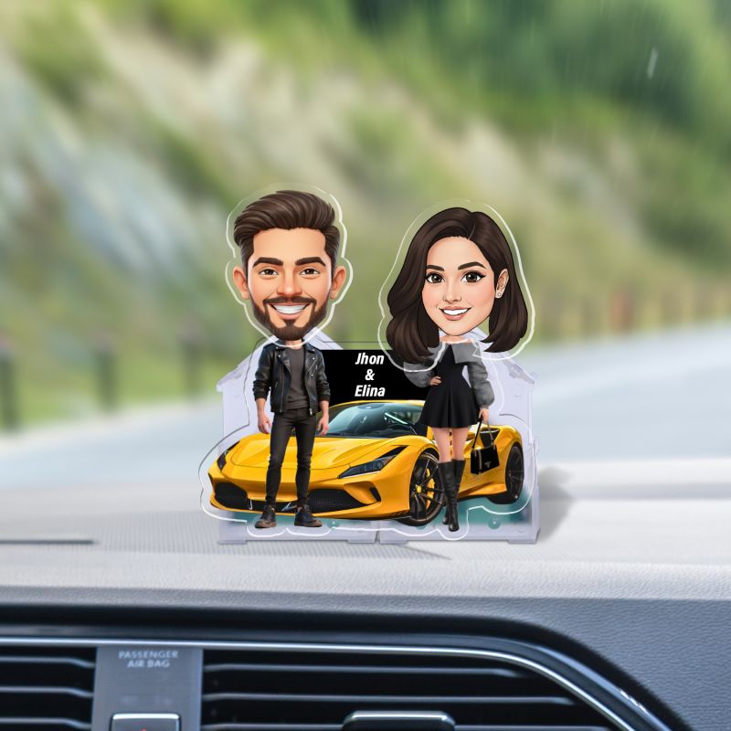 Personalized Couple Bobblehead Caricature Gift for Husband, Wife, Girlfriend, Boyfriend & Friends Solar Powered Moving Head Couple Gift for Birthday (Racing Car Couple)